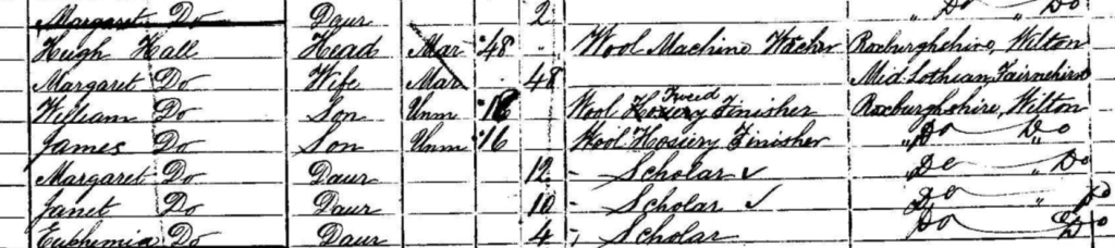 Census showing family of Hugh Hall, his wife Margaret and various children. Hugh is a Woold Machine Worker. All the family are born at Wilton, Roxburghshire except for Margaret, who is noted as born at "Fairnehirst", Midlothian.